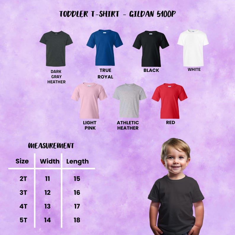 Op de afbeelding: Een selectie van peuter-T-shirts in verschillende kleuren, waaronder donkergrijs, koningsblauw, zwart, wit, lichtroze, athletic heather en rood. De afbeelding toont ook afmetingen: breedte van 28 tot 36 cm en lengte van 38 tot 46 cm.