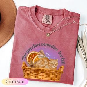 May include: Crimson-colored t-shirt with a graphic of a cat in a basket, surrounded by orange slices and spices. The text reads "The purrfect remedies for fall". A silver necklace is draped across the shirt.