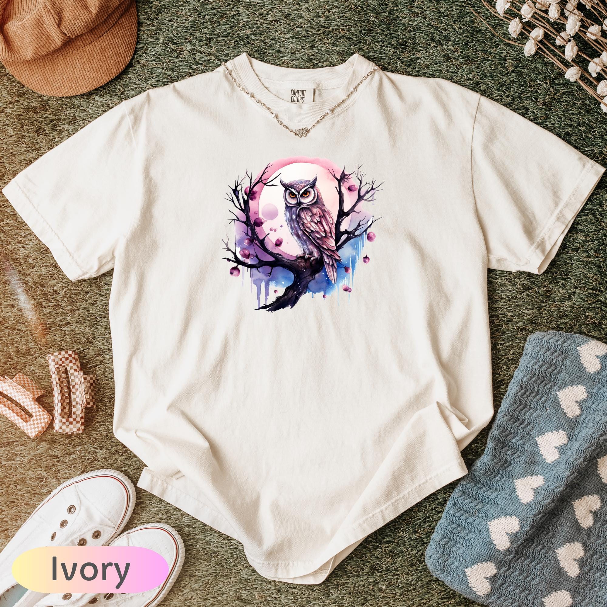 Owl Shirt Comfort Colors, Watercolor Owl Tee, Moon Owl Shirt, Gifts for Her, Cottagecore Aesthetic S