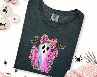 Komfortfarben irisierendes Geisterkürbis-Shirt, kokettes ästhetisches Halloween-T-Shirt, süßes Pastellgeist-Oberteil, Kawaii-Fall-Hemd