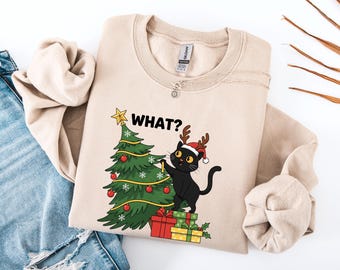 Moletom de Natal com Gato Engraçado, Suéter de Natal "Que Gato?", Presente Fofo para Amantes de Gatos, Suéter de Natal com Gato Preto, Camiseta de Natal para Donos de Animais de Estimação