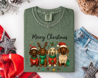Camiseta de Natal Comfort Colors com Dachshund, Camiseta de Natal com Cachorro, Camiseta Fofa de Salsicha para as Festas, Moletom Festivo com Cachorro Salsicha