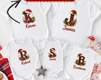 Camisetas de Natal personalizadas para a família, camisetas combinando para as festas de fim de ano, camisetas de Natal com nomes personalizados, roupa de Natal para bebês e crianças, foto de família de pijama