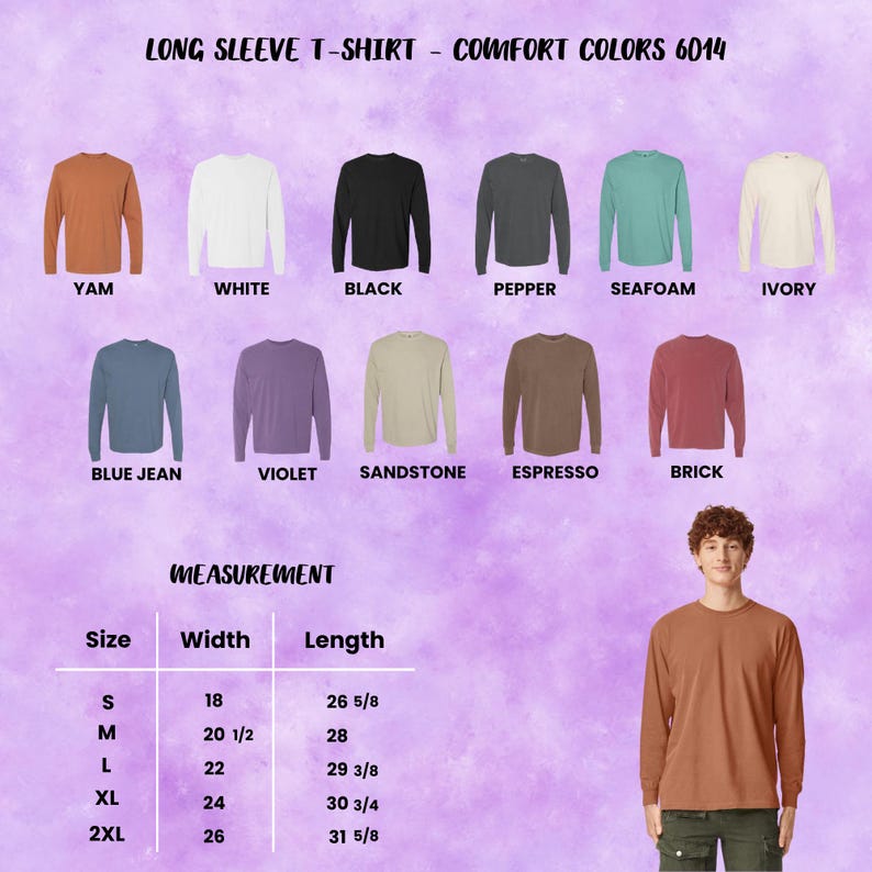 May include: A display of long-sleeve t-shirts in various colors, including yam, white, black, pepper, seafoam, and ivory. The image also shows a size chart with measurements in inches for width and length.
