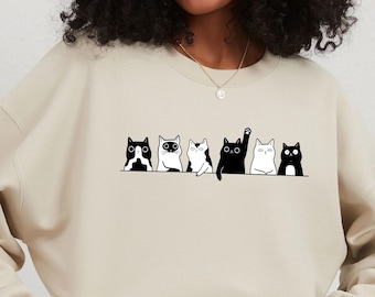 Cute Cat Sweatshirt, Minimal Cat Line Art Shirt, Funny Cat Lover ronde hals, gezellige kat moeder cadeau, esthetische katten top