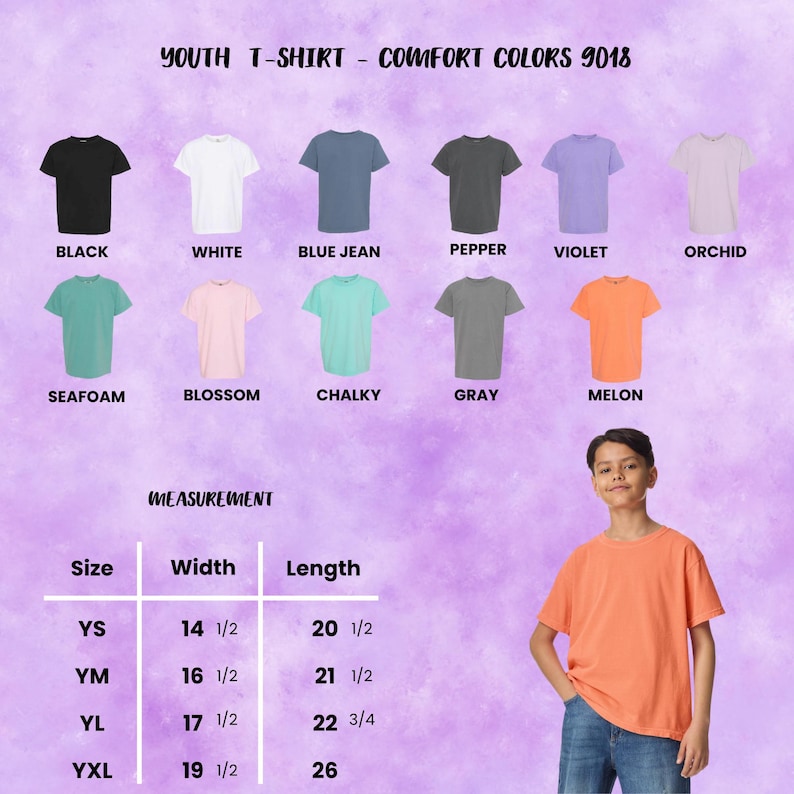 May include: A youth t-shirt in melon color is modeled in this image. The image also displays a color chart of t-shirts in various colors, including black, white, blue jean, pepper, violet, orchid, seafoam, blossom, chalky, and gray. Measurement details are also provided.