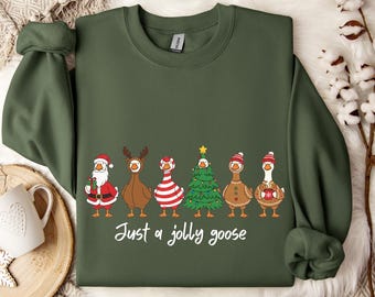 Camiseta de Natal "Just a Jolly Goose", Moletom de Natal Divertido com Ganso, Camiseta de Gola Redonda Fofa com Ganso Papai Noel, Camiseta Festiva de Inverno