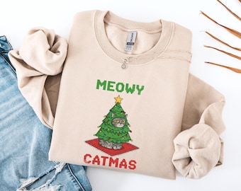 Moletom de Natal Meowy Catmas, suéter de Natal engraçado para amantes de gatos, camiseta fofa de gato de Natal, blusa de festa com suéter feio