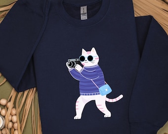 Photographer Cat Sweatshirt, Funny Camera Cat Shirt, Cute Cat Lover Crewneck, Cozy Aesthetic Cat Gift, Cat Photography Top