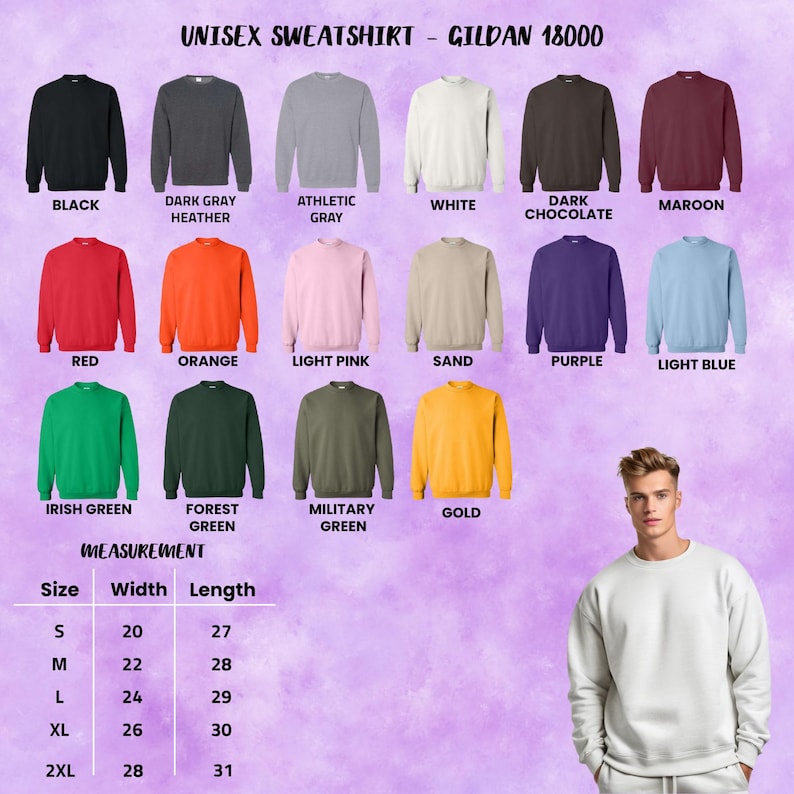 Op de afbeelding: Afbeelding van Gildan 18000 unisex sweatshirts in diverse kleuren, waaronder zwart, grijs, rood, oranje en groen. Een maattabel met afmetingen in centimeters is ook zichtbaar.
