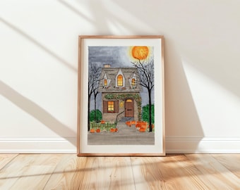 Halloween Pumpkin House Wall Art – Hand-Drawn Haunted Home Illustration, Spooky Autumn Printable – Digital Download