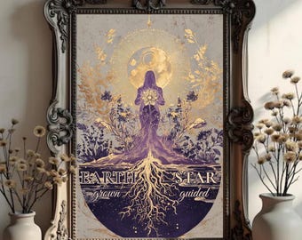 May include: A framed art print featuring a celestial design with a woman holding a flower, a moon, and botanical elements in gold and purple hues. The text reads "EARTH grown STAR guided". The frame is ornate and dark brown.