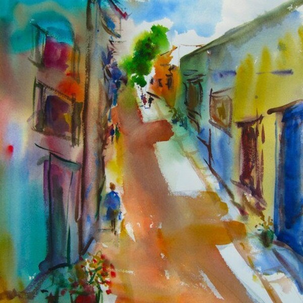 Colorful World, Original Watercolor Painting Cityscape, Large 30" x 22", Free Shipping within USA