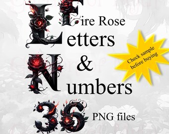 Fire Rose Alphabet Clipart: Floral Letters & Numbers PNG (Commercial Use)