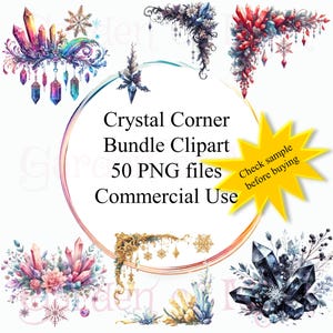 Pode incluir: Uma coleção de designs de clipart de cantos de cristal em aquarela em várias cores, incluindo rosa, roxo, azul e dourado. A imagem inclui o texto "Crystal Corner Bundle Clipart 50 arquivos PNG Commercial Use".