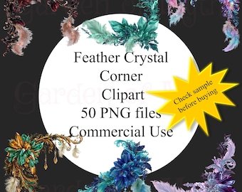 Paquete de imágenes prediseñadas de esquinas de cristal, borde de cristal en acuarela - 50 archivos PNG (uso comercial)