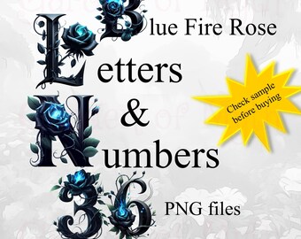 Blue Fire Rose Alphabet Clipart: Floral Letters & Numbers PNG (Commercial Use)