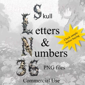 Pode incluir: Arte digital com letras e números com tema de caveira. As letras e os números são projetados com uma estética gótica, incorporando caveiras e vinhas espinhosas. A imagem inclui as palavras "skull", "letters & numbers", "PNG files" e "Commercial Use".