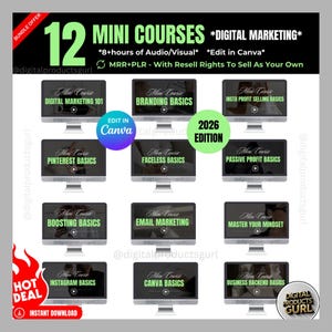Digital Marketing 12 Mini Course Bundle with PLR & MRR Master Resell Rights, Canva Editable Templates, Digital Product, Instant Download