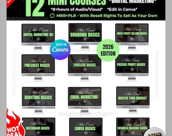 Lot de 12 mini-cours de marketing numérique avec droits de revente principaux DPP et MRR, modèles modifiables Canva, produit numérique, téléchargement immédiat