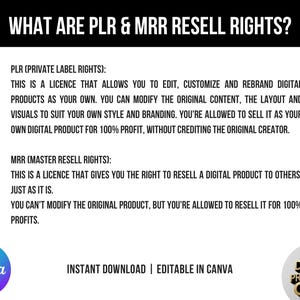 May include: A black and white graphic with the text "WHAT ARE PLR & MRR RESELL RIGHTS?" and definitions for PLR and MRR. Includes the Canva logo and the text "INSTANT DOWNLOAD | EDITABLE IN CANVA".