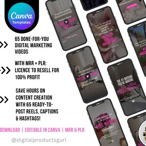 May include: Digital marketing product featuring Canva templates. The image showcases multiple smartphones displaying digital marketing content. Text includes "65 Done-For-You Digital Marketing Videos" and "License to Resell for 100% Profit."