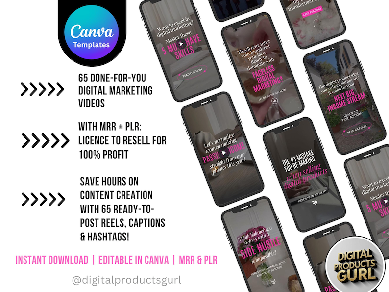 May include: Digital marketing product featuring Canva templates. The image showcases multiple smartphones displaying digital marketing content. Text includes "65 Done-For-You Digital Marketing Videos" and "License to Resell for 100% Profit."
