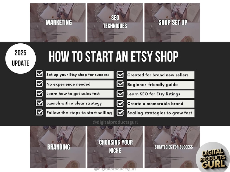 May include: A graphic with the title "HOW TO START AN ETSY SHOP" and a list of steps, including "Set up your Etsy shop for success" and "Learn SEO for Etsy listings." The image also includes the text "2025 UPDATE."
