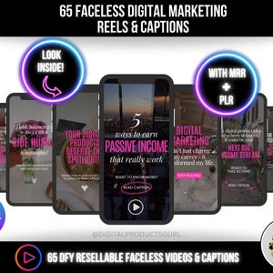 Puede incluir: Imagen promocional con varias pantallas de teléfonos inteligentes que muestran contenido de marketing digital. Las pantallas muestran frases como "Ingresos pasivos" y "Marketing digital". La imagen también incluye el texto "65 Reels y subtítulos de marketing digital sin rostro."