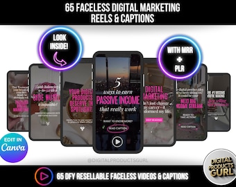 65 Faceless Digital Marketing Videos & Captions, Done For You Digital Marketing Faceless Reels, Canva templates with PLR + MRR Resell Rights