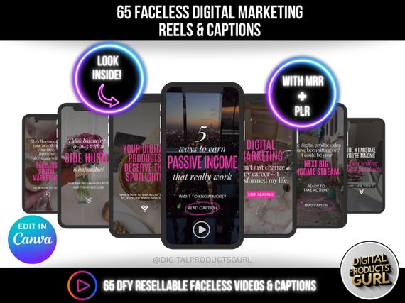 65 Faceless Digital Marketing Videos & Captions, Done For You Digital Marketing Faceless Reels, Canva templates with PLR + MRR Resell Rights