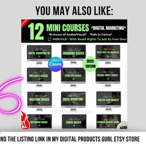 May include: A promotional image for digital marketing courses. The image features 12 mini-courses displayed on computer screens, with titles like "Digital Marketing 101" and "Branding Basics." Text includes "Edit in Canva" and "2025 Edition."