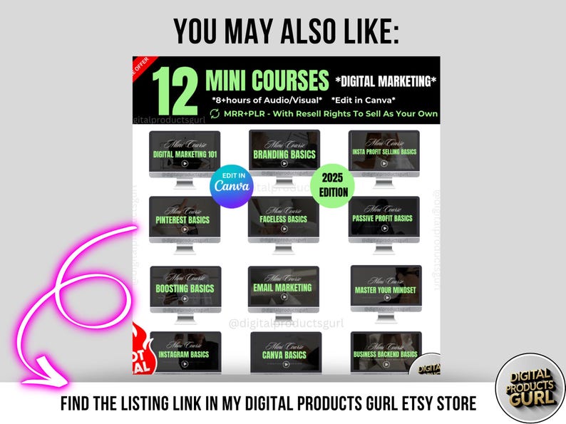 May include: A promotional image for digital marketing courses. The image features 12 mini-courses displayed on computer screens, with titles like "Digital Marketing 101" and "Branding Basics." Text includes "Edit in Canva" and "2025 Edition."