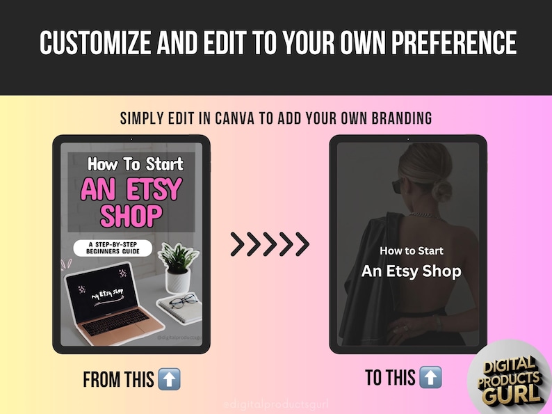 May include: Image showing a digital product guide on how to start an Etsy shop. The text reads "Customize and edit to your own preference" and "Simply edit in Canva to add your own branding". The guide is presented on a tablet.