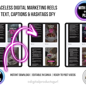 May include: Digital marketing product featuring 65 faceless reels with text, captions, and hashtags. The image shows three tablets with reel previews, a neon pink arrow, and circular graphics with text. The product is an instant download and editable in Canva.