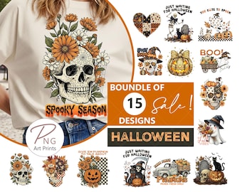 BUNDLE Halloween PNG Bundle, 15 Spooky Season Designs, Skull Pumpkin Ghost Cat Witch Fall Sublimation Clipart, Shirt Mug Tote Graphics