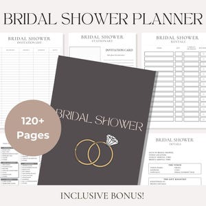 Könnte beinhalten: Ein Brautparty-Planer mit dunkelgrauem Einband mit goldenen Ringen und einem Diamanten. Der Planer umfasst über 120 Seiten und den Text "Bridal Shower Planner". Zusätzliche Seiten sind enthalten.