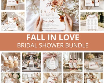 Fall in Love Bridal Shower Bundle, Fall Bridal Shower Invitation Games Bundle Printable, Bridal Shower Decor, Editable Template Canva BRS1