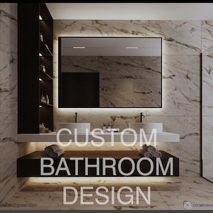 May include: A modern bathroom design featuring a large mirror with integrated lighting above two white sinks. The design includes a dark wood vanity with towels, and the text "CUSTOM BATHROOM DESIGN". The walls are marble.