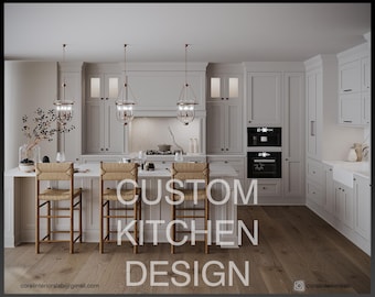 May include: A modern kitchen design featuring white cabinetry, a central island with woven bar stools, and pendant lighting. The image includes the text "CUSTOM KITCHEN DESIGN" and a contact email and Instagram handle.