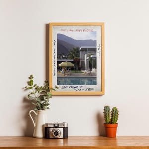 May include: A framed print of a photograph by Slim Aarons, titled "Desert House" with the year 1967. The image depicts a mid-century modern home with a pool, people, and a mountain backdrop. A vintage camera, a white pitcher with greenery, and a cactus in a terracotta pot sit below.