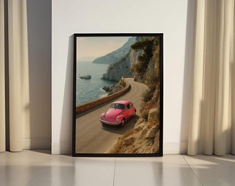 Pink Car Coastal Road Print | Amalfi Coast Wall Art (Digital Download)