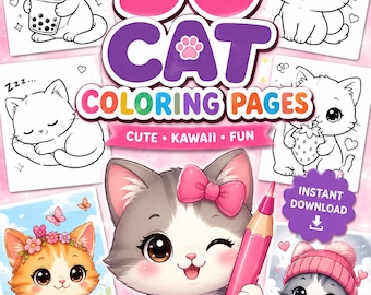 May include: A vibrant cover for a cat-themed coloring book. The title reads "50 CAT COLORING PAGES" with the words "CUTE • KAWAII • FUN" below. The cover features several adorable cat illustrations, a pink pencil, and download icons.