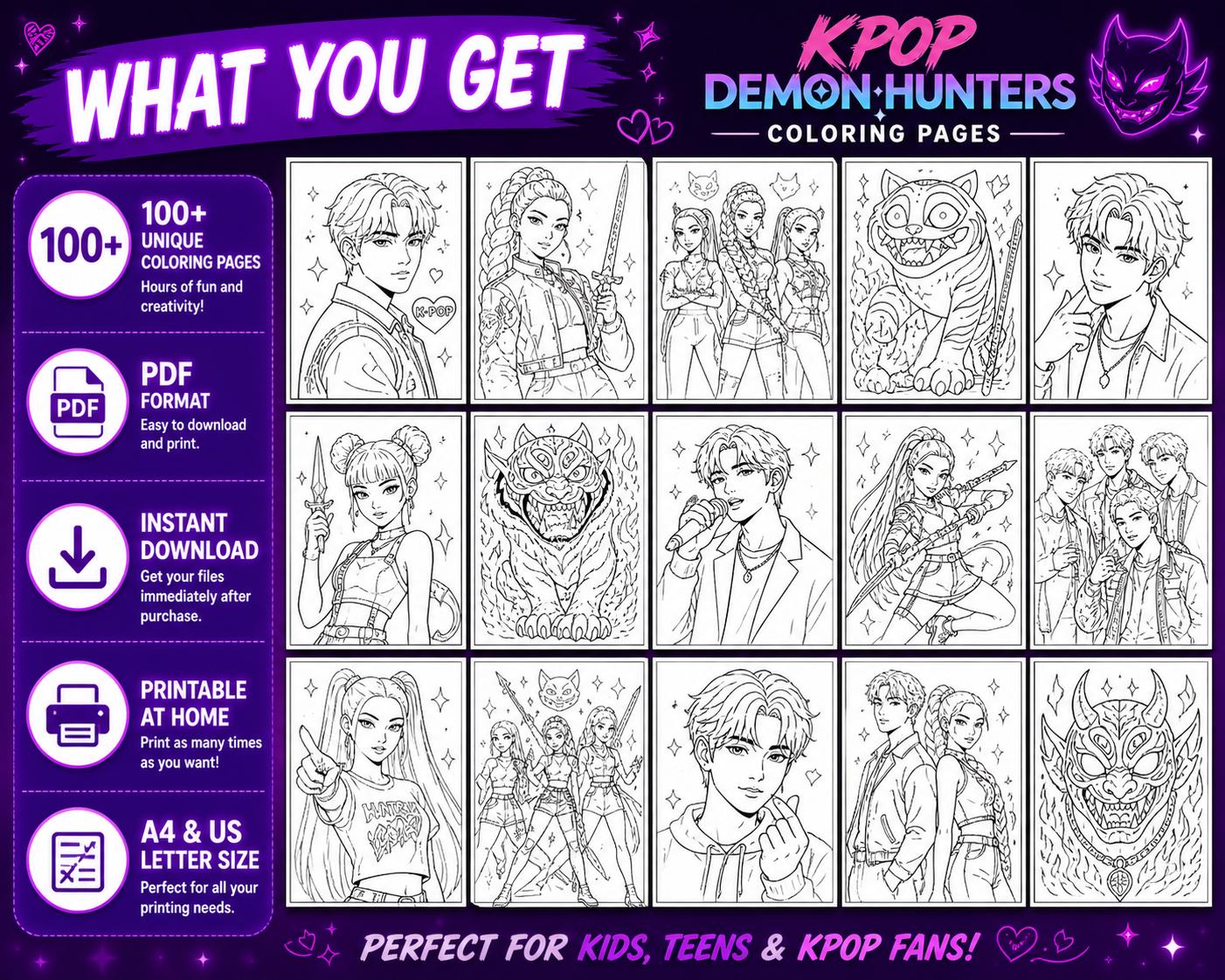 100 Kpop Demon Hunters Coloring Pages, Digital Coloring Book, Huntrix ...