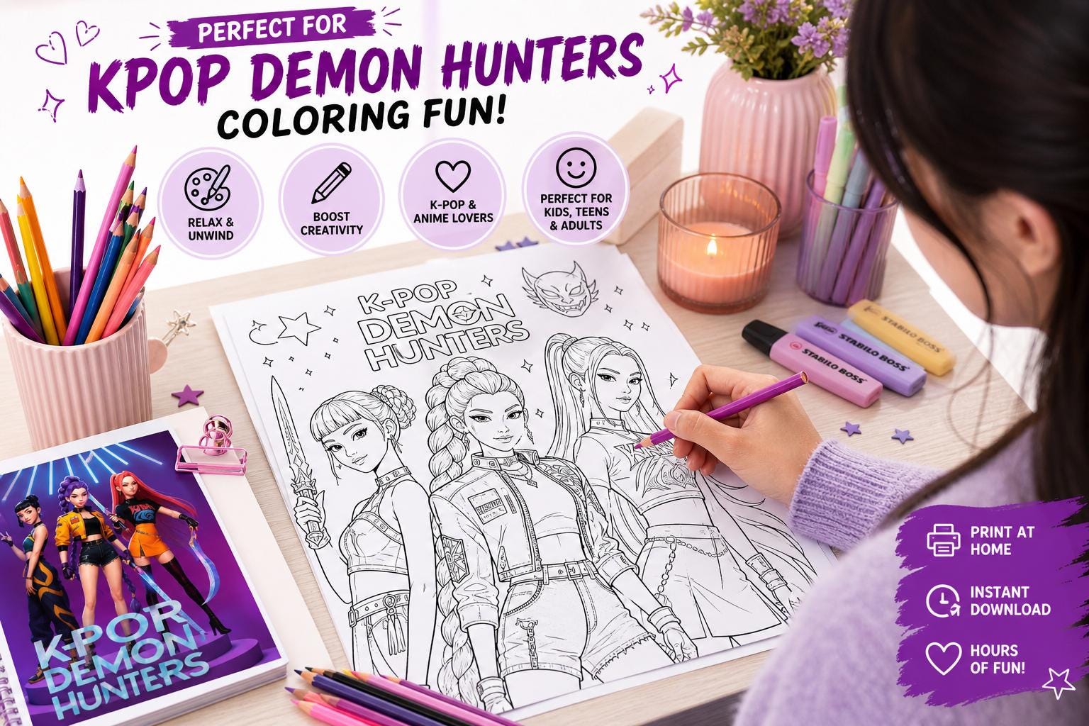 100 Kpop Demon Hunters Coloring Pages, Digital Coloring Book, Huntrix ...