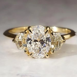 Art Deco 1-2-3CT Elongated Oval Cut Moissanite Ring, Cadillac Cut Side Stones, 14k Solid Yellow Gold, Slender Knife Edge Band Gift For Bride