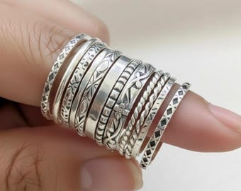 Anillos apilables de plata de ley hechos a mano: anillo bohemio con capas.