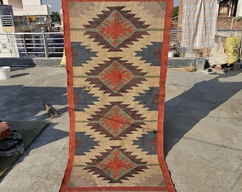Handwoven Wool Jute Kilim Runner Boho Stair & Hallway Rug Navajo Flatweave Wool Jute Rug, Vintage Decorative Area Carpet | Living Room