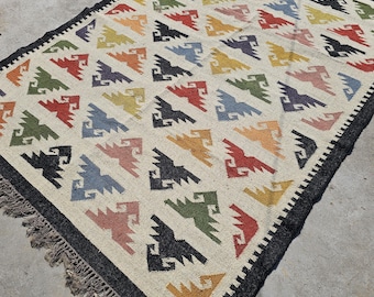 Handmade Wool Jute Kilim Rug Kilim Area Rug Flatweave Navajo Rug Handwoven Large Rug Bohemian Rug Living Room Rug Outdoor Decorative Rug