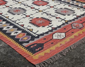 Handwoven Wool Jute Kilim Rug: Bohemian Flatweave Area Rug Navajo Style Large Handmade Carpet,